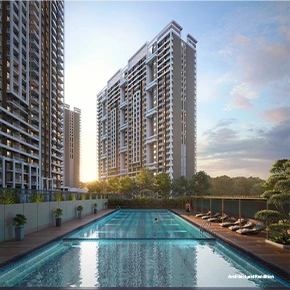 A pool surrounded by tall buildings in Nyati Esteban-II, Undri Pune